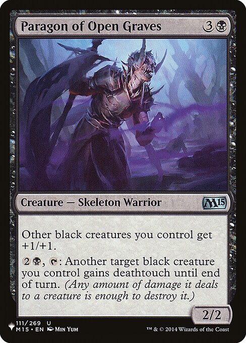 Other black creatures you control get +1/+1.
{2}{B}, {T}: Another target black creature you control gains deathtouch until end of turn. (Any amount of damage it deals to a creature is enough to destroy it.)