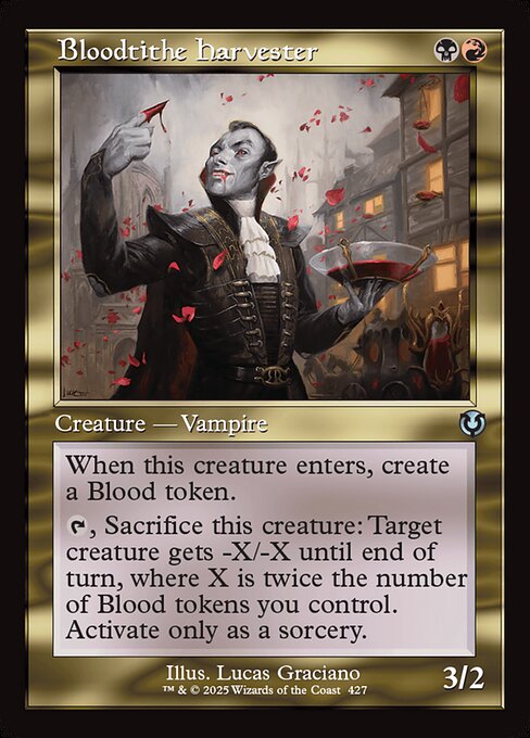 When Bloodtithe Harvester enters, create a Blood token. (It's an artifact with "{1}, {T}, Discard a card, Sacrifice this artifact: Draw a card.")
{T}, Sacrifice Bloodtithe Harvester: Target creature gets -X/-X until end of turn, where X is twice the number of Blood tokens you control. Activate only as a sorcery.
