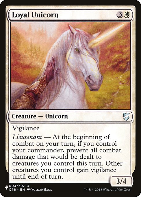 Vigilance
Lieutenant — At the beginning of combat on your turn, if you control your commander, prevent all combat damage that would be dealt to creatures you control this turn. Other creatures you control gain vigilance until end of turn.