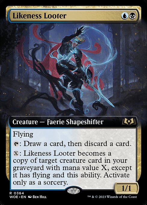 Flying
{T}: Draw a card, then discard a card.
{X}: Likeness Looter becomes a copy of target creature card in your graveyard with mana value X, except it has flying and this ability. Activate only as a sorcery.