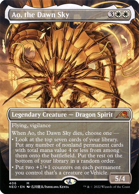 Flying, vigilance
When Ao, the Dawn Sky dies, choose one —
• Look at the top seven cards of your library. Put any number of nonland permanent cards with total mana value 4 or less from among them onto the battlefield. Put the rest on the bottom of your library in a random order.
• Put two +1/+1 counters on each permanent you control that's a creature or Vehicle.