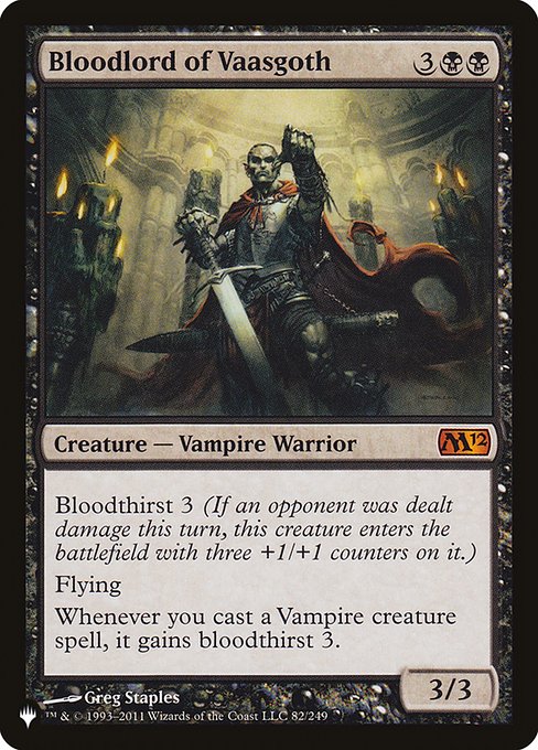 Bloodthirst 3 (If an opponent was dealt damage this turn, this creature enters with three +1/+1 counters on it.)
Flying
Whenever you cast a Vampire creature spell, it gains bloodthirst 3.