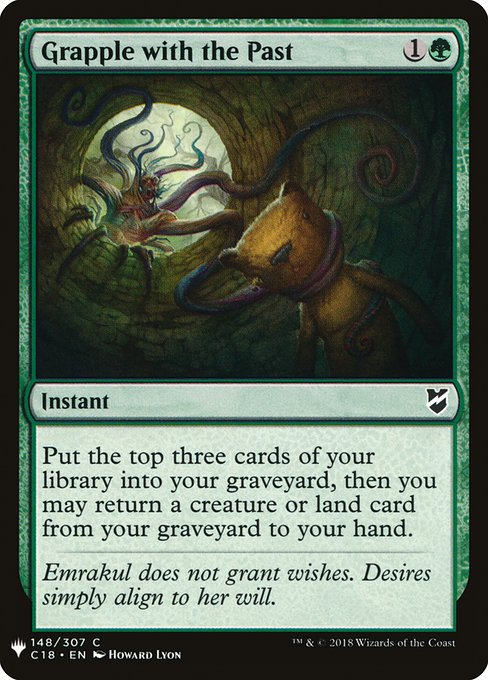 Mill three cards, then you may return a creature or land card from your graveyard to your hand. (To mill three cards, put the top three cards of your library into your graveyard.)