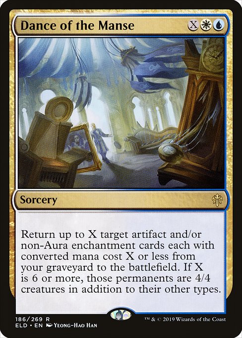 Return up to X target artifact and/or non-Aura enchantment cards each with mana value X or less from your graveyard to the battlefield. If X is 6 or more, those permanents are 4/4 creatures in addition to their other types.