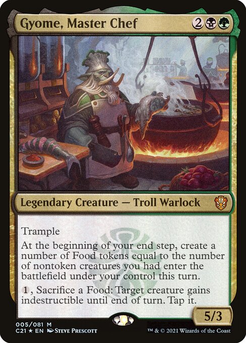 Trample
At the beginning of your end step, create a number of Food tokens equal to the number of nontoken creatures you had enter the battlefield under your control this turn.
{1}, Sacrifice a Food: Target creature gains indestructible until end of turn. Tap it.
