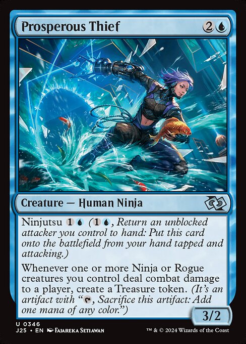 Ninjutsu {1}{U} ({1}{U}, Return an unblocked attacker you control to hand: Put this card onto the battlefield from your hand tapped and attacking.)
Whenever one or more Ninja or Rogue creatures you control deal combat damage to a player, create a Treasure token. (It's an artifact with "{T}, Sacrifice this artifact: Add one mana of any color.")