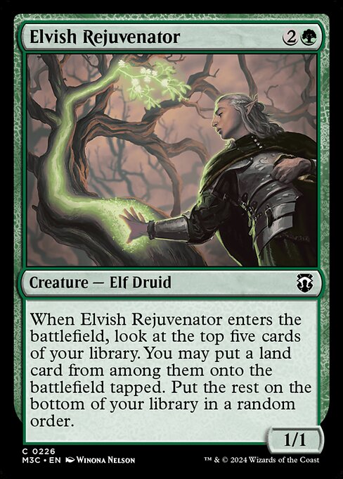 When Elvish Rejuvenator enters, look at the top five cards of your library. You may put a land card from among them onto the battlefield tapped. Put the rest on the bottom of your library in a random order.