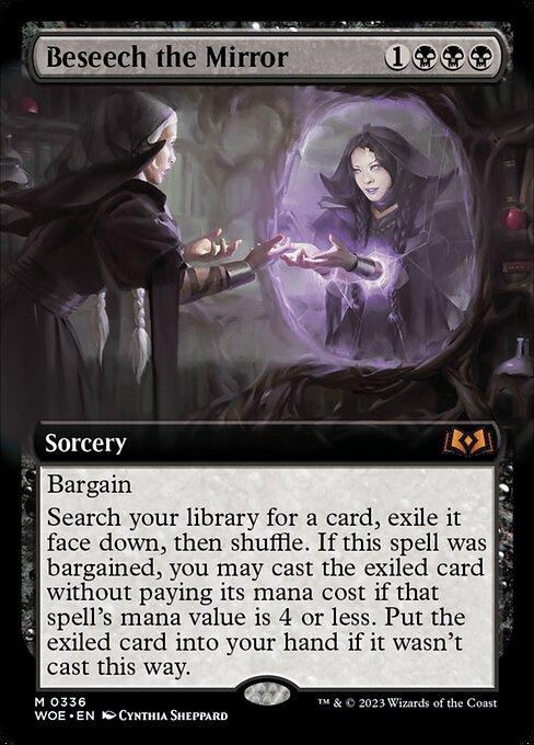 Bargain (You may sacrifice an artifact, enchantment, or token as you cast this spell.)
Search your library for a card, exile it face down, then shuffle. If this spell was bargained, you may cast the exiled card without paying its mana cost if that spell's mana value is 4 or less. Put the exiled card into your hand if it wasn't cast this way.