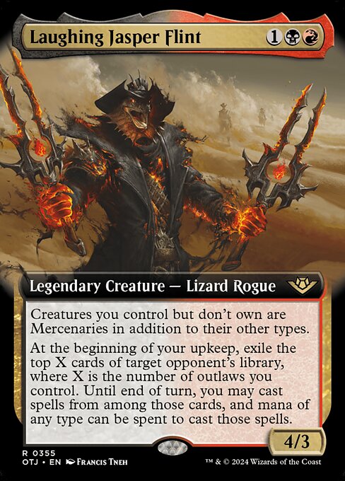 Creatures you control but don't own are Mercenaries in addition to their other types.
At the beginning of your upkeep, exile the top X cards of target opponent's library, where X is the number of outlaws you control. Until end of turn, you may cast spells from among those cards, and mana of any type can be spent to cast those spells.
