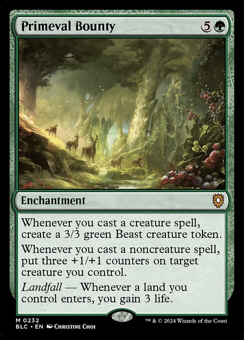 Whenever you cast a creature spell, create a 3/3 green Beast creature token.
Whenever you cast a noncreature spell, put three +1/+1 counters on target creature you control.
Landfall — Whenever a land enters the battlefield under your control, you gain 3 life.