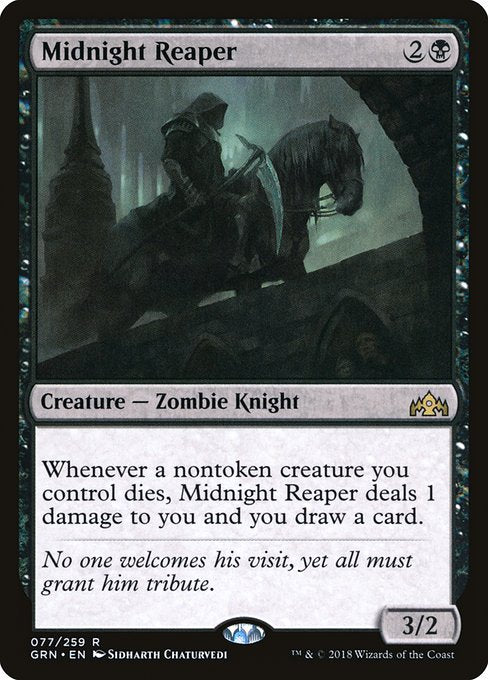 Whenever a nontoken creature you control dies, Midnight Reaper deals 1 damage to you and you draw a card.
