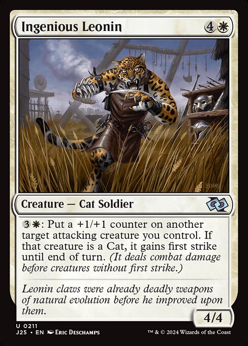 {3}{W}: Put a +1/+1 counter on another target attacking creature you control. If that creature is a Cat, it gains first strike until end of turn. (It deals combat damage before creatures without first strike.)
