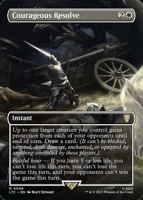 Up to one target creature you control gains protection from each of your opponents until end of turn. Draw a card. (It can't be blocked, targeted, dealt damage, enchanted, or equipped by anything controlled by those players.)
Fateful hour — If you have 5 or less life, you can't lose life this turn, you can't lose the game this turn, and your opponents can't win the game this turn.