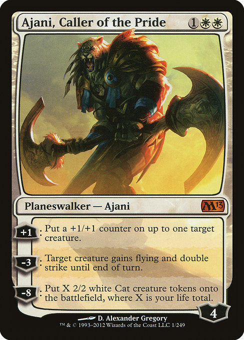 +1: Put a +1/+1 counter on up to one target creature.
−3: Target creature gains flying and double strike until end of turn.
−8: Create X 2/2 white Cat creature tokens, where X is your life total.