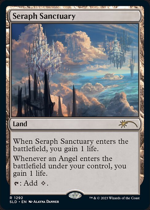 When Seraph Sanctuary enters the battlefield, you gain 1 life.
Whenever an Angel enters the battlefield under your control, you gain 1 life.
{T}: Add {C}.