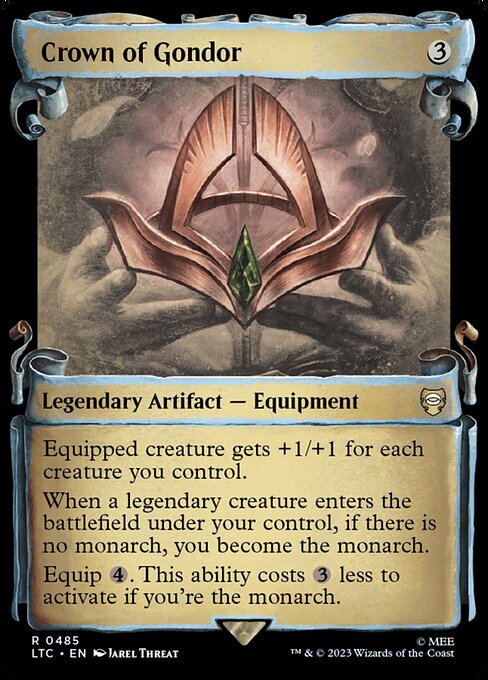 Equipped creature gets +1/+1 for each creature you control.
When a legendary creature enters the battlefield under your control, if there is no monarch, you become the monarch.
Equip {4}. This ability costs {3} less to activate if you're the monarch.