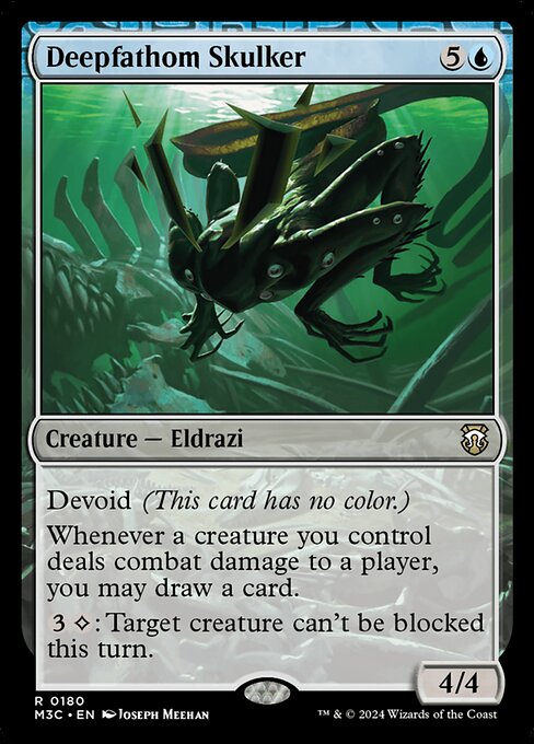 Devoid (This card has no color.)
Whenever a creature you control deals combat damage to a player, you may draw a card.
{3}{C}: Target creature can't be blocked this turn. ({C} represents colorless mana.)