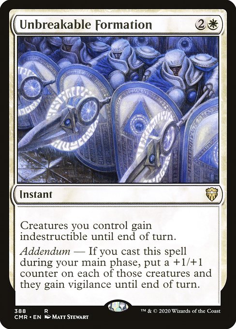 Creatures you control gain indestructible until end of turn.
Addendum — If you cast this spell during your main phase, put a +1/+1 counter on each of those creatures and they gain vigilance until end of turn.