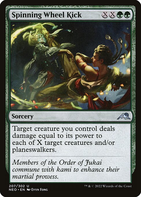 Target creature you control deals damage equal to its power to each of X target creatures and/or planeswalkers.