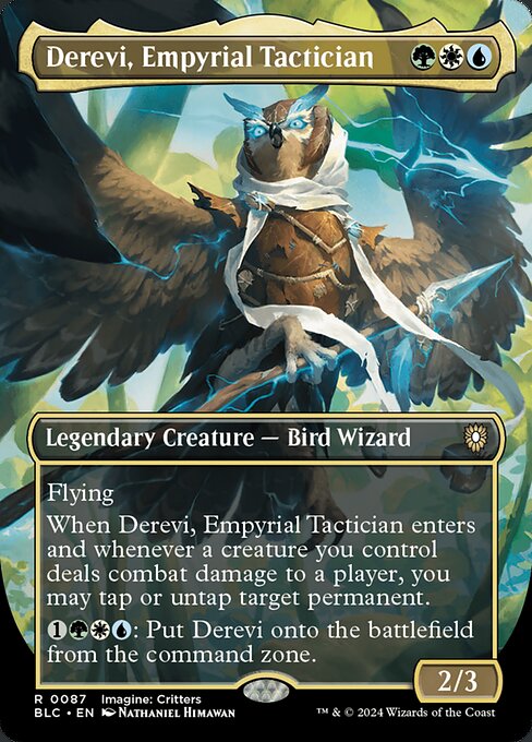 Flying
Whenever Derevi, Empyrial Tactician enters the battlefield or a creature you control deals combat damage to a player, you may tap or untap target permanent.
{1}{G}{W}{U}: Put Derevi onto the battlefield from the command zone.