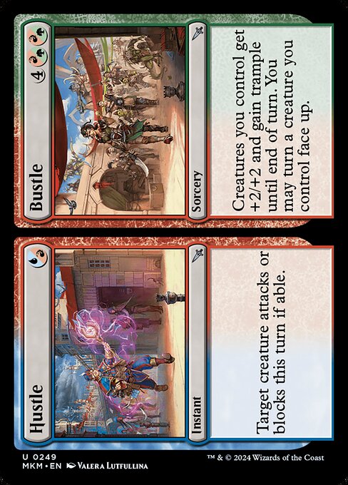 Target creature attacks or blocks this turn if able.   Creatures you control get +2/+2 and gain trample until end of turn. You may turn a creature you control face up.
