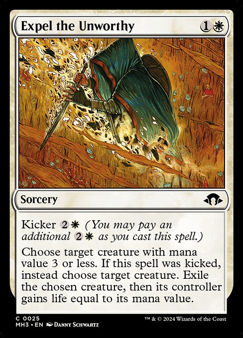 Kicker {2}{W} (You may pay an additional {2}{W} as you cast this spell.)
Choose target creature with mana value 3 or less. If this spell was kicked, instead choose target creature. Exile the chosen creature, then its controller gains life equal to its mana value.