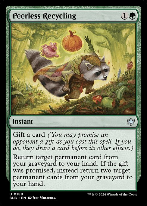 Gift a card (You may promise an opponent a gift as you cast this spell. If you do, they draw a card before its other effects.)
Return target permanent card from your graveyard to your hand. If the gift was promised, instead return two target permanent cards from your graveyard to your hand.