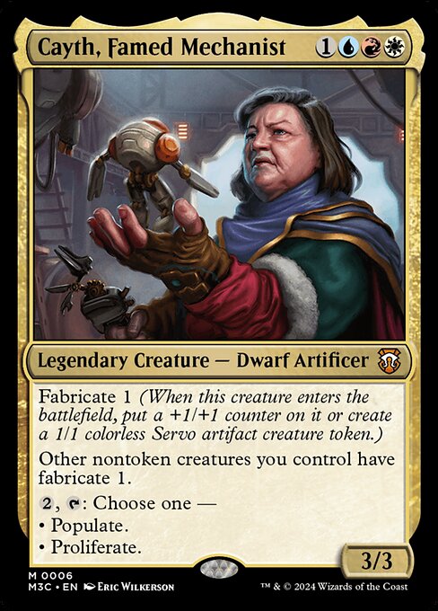 Fabricate 1 (When this creature enters, put a +1/+1 counter on it or create a 1/1 colorless Servo artifact creature token.)
Other nontoken creatures you control have fabricate 1.
{2}, {T}: Choose one —
• Populate.
• Proliferate.