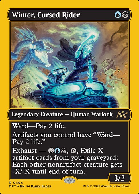 Ward—Pay 2 life.
Artifacts you control have "Ward—Pay 2 life."
Exhaust — {2}{U}{B}, {T}, Exile X artifact cards from your graveyard: Each other nonartifact creature gets -X/-X until end of turn. (Activate each exhaust ability only once.)