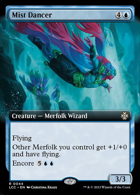Flying
Other Merfolk you control get +1/+0 and have flying.
Encore {5}{U}{U} ({5}{U}{U}, Exile this card from your graveyard: For each opponent, create a token copy that attacks that opponent this turn if able. They gain haste. Sacrifice them at the beginning of the next end step. Activate only as a sorcery.)