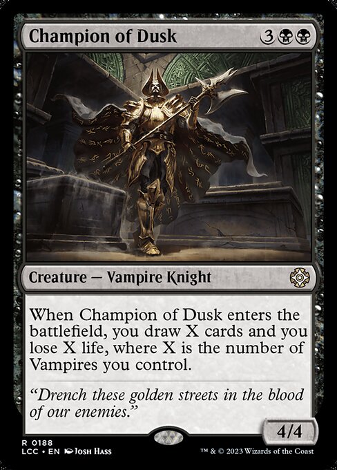 When this creature enters, you draw X cards and you lose X life, where X is the number of Vampires you control.