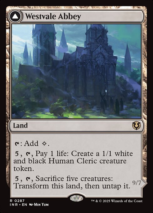{T}: Add {C}.
{5}, {T}, Pay 1 life: Create a 1/1 white and black Human Cleric creature token.
{5}, {T}, Sacrifice five creatures: Transform this land, then untap it.   Flying, lifelink, indestructible, haste
