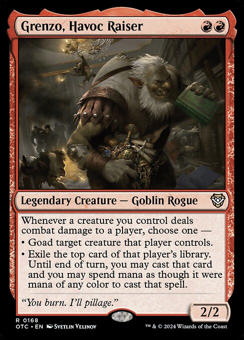 Whenever a creature you control deals combat damage to a player, choose one —
• Goad target creature that player controls.
• Exile the top card of that player's library. Until end of turn, you may cast that card and you may spend mana as though it were mana of any color to cast that spell.