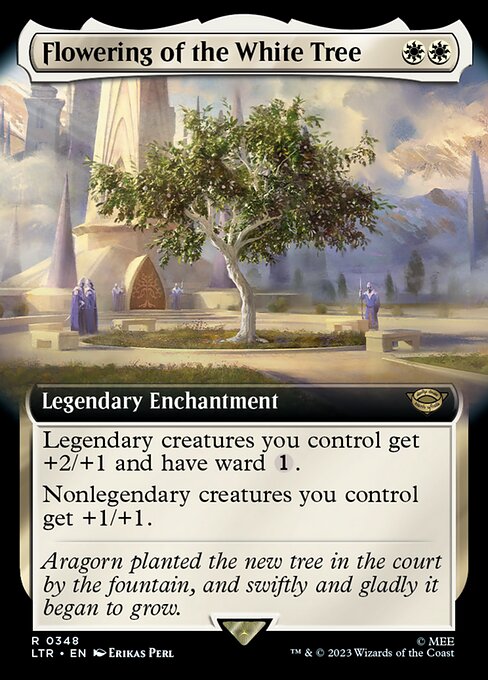Legendary creatures you control get +2/+1 and have ward {1}.
Nonlegendary creatures you control get +1/+1.