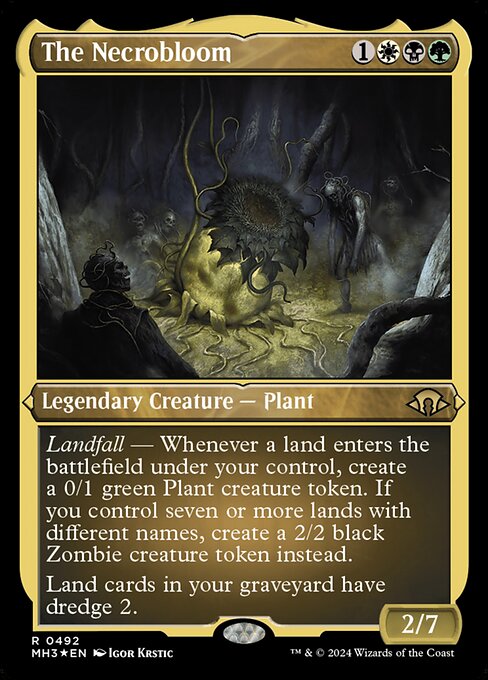Landfall — Whenever a land enters the battlefield under your control, create a 0/1 green Plant creature token. If you control seven or more lands with different names, create a 2/2 black Zombie creature token instead.
Land cards in your graveyard have dredge 2. (You may return a land card from your graveyard to your hand and mill two cards instead of drawing a card.)
