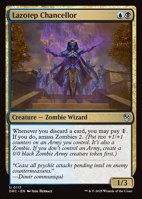 Whenever you discard a card, you may pay {1}. If you do, amass Zombies 2. (Put two +1/+1 counters on an Army you control. It's also a Zombie. If you don't control an Army, create a 0/0 black Zombie Army creature token first.)