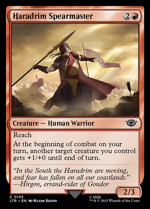 Reach
At the beginning of combat on your turn, another target creature you control gets +1/+0 until end of turn.