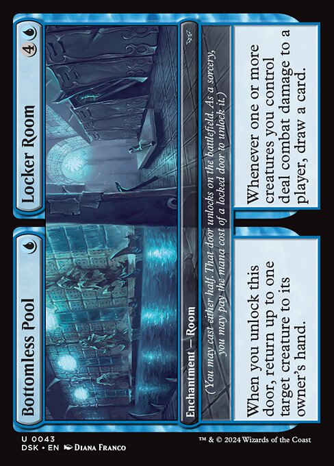 When you unlock this door, return up to one target creature to its owner's hand.
(You may cast either half. That door unlocks on the battlefield. As a sorcery, you may pay the mana cost of a locked door to unlock it.)   Whenever one or more creatures you control deal combat damage to a player, draw a card.
(You may cast either half. That door unlocks on the battlefield. As a sorcery, you may pay the mana cost of a locked door to unlock it.)