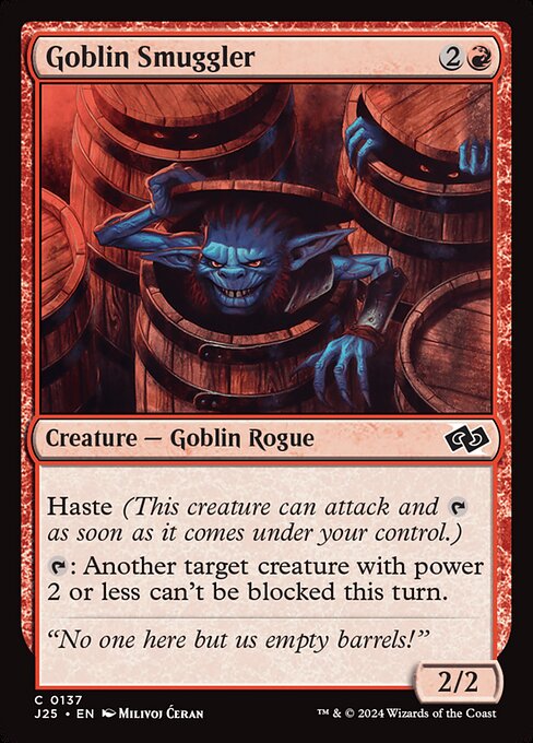 Haste (This creature can attack and {T} as soon as it comes under your control.)
{T}: Another target creature with power 2 or less can't be blocked this turn.
