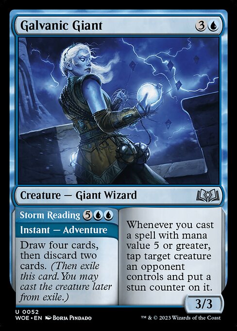 Whenever you cast a spell with mana value 5 or greater, tap target creature an opponent controls and put a stun counter on it.   Draw four cards, then discard two cards. (Then exile this card. You may cast the creature later from exile.)