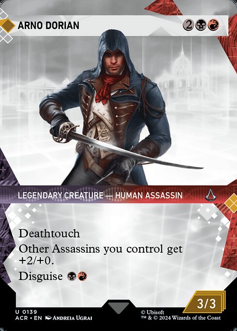 Deathtouch
Other Assassins you control get +2/+0.
Disguise {B}{R} (You may cast this card face down for {3} as a 2/2 creature with ward {2}. Turn it face up any time for its disguise cost.)