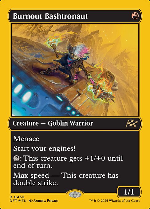 Menace
Start your engines! (If you have no speed, it starts at 1. It increases once on each of your turns when an opponent loses life. Max speed is 4.)
{2}: This creature gets +1/+0 until end of turn.
Max speed — This creature has double strike.