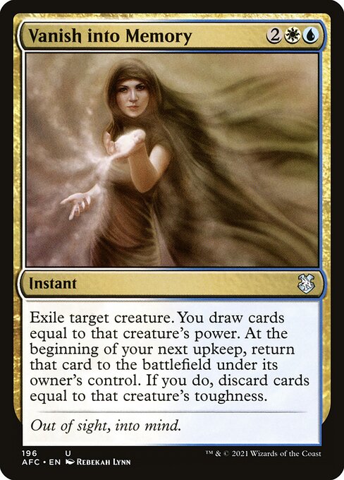 Exile target creature. You draw cards equal to that creature's power. At the beginning of your next upkeep, return that card to the battlefield under its owner's control. If you do, discard cards equal to that creature's toughness.