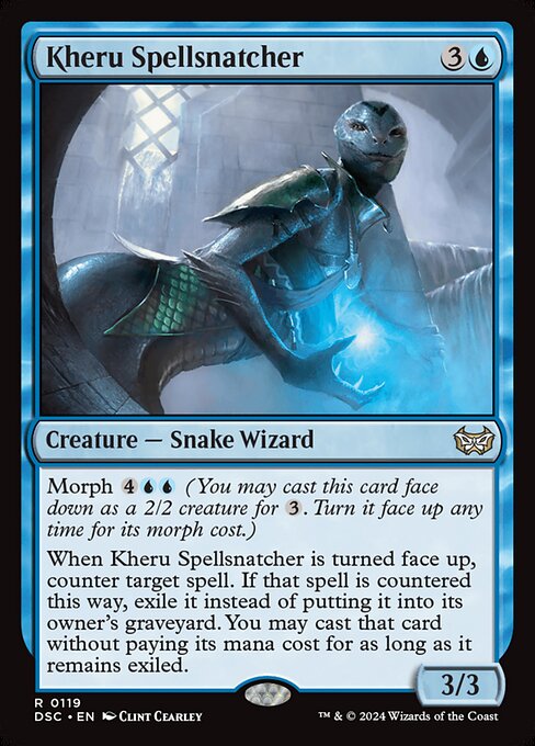 Morph {4}{U}{U} (You may cast this card face down as a 2/2 creature for {3}. Turn it face up any time for its morph cost.)
When Kheru Spellsnatcher is turned face up, counter target spell. If that spell is countered this way, exile it instead of putting it into its owner's graveyard. You may cast that card without paying its mana cost for as long as it remains exiled.