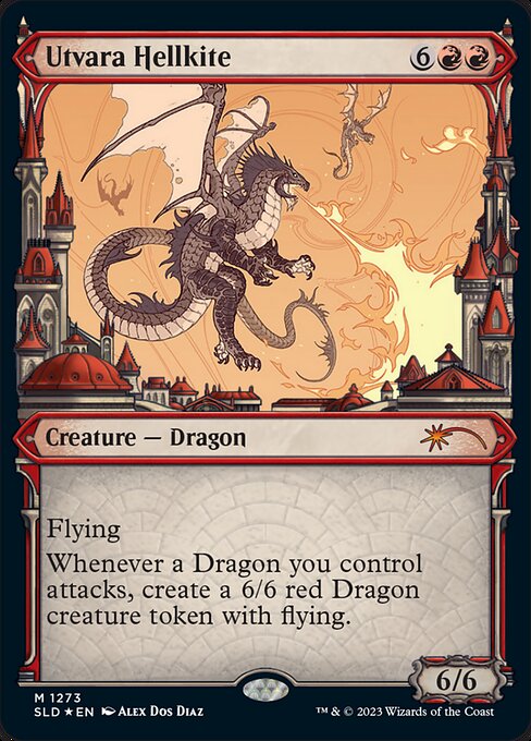Flying
Whenever a Dragon you control attacks, create a 6/6 red Dragon creature token with flying.