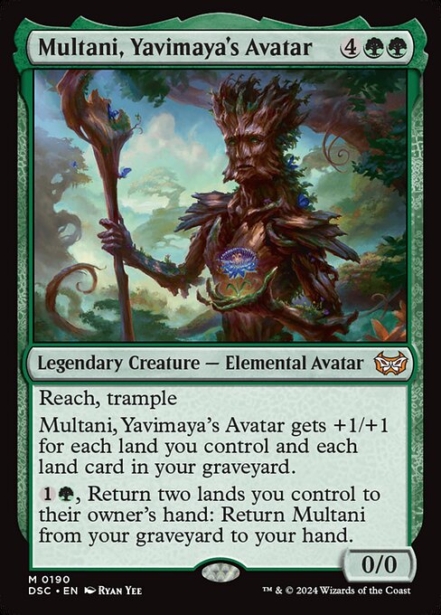 Reach, trample
Multani, Yavimaya's Avatar gets +1/+1 for each land you control and each land card in your graveyard.
{1}{G}, Return two lands you control to their owner's hand: Return Multani from your graveyard to your hand.