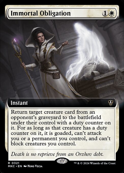 Return target creature card from an opponent's graveyard to the battlefield under their control with a duty counter on it. For as long as that creature has a duty counter on it, it is goaded, can't attack you or a permanent you control, and can't block creatures you control.