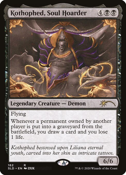 Flying
Whenever a permanent owned by another player is put into a graveyard from the battlefield, you draw a card and you lose 1 life.