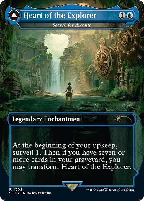 At the beginning of your upkeep, surveil 1. Then if you have seven or more cards in your graveyard, you may transform Search for Azcanta. (Look at the top card of your library. You may put that card into your graveyard.)   (Transforms from Search for Azcanta.)
{T}: Add {U}.
{2}{U}, {T}: Look at the top four cards of your library. You may reveal a noncreature, nonland card from among them and put it into your hand. Put the rest on the bottom of your library in any order.