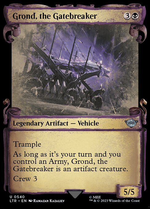 Trample
As long as it's your turn and you control an Army, Grond, the Gatebreaker is an artifact creature.
Crew 3 (Tap any number of creatures you control with total power 3 or more: This Vehicle becomes an artifact creature until end of turn.)
